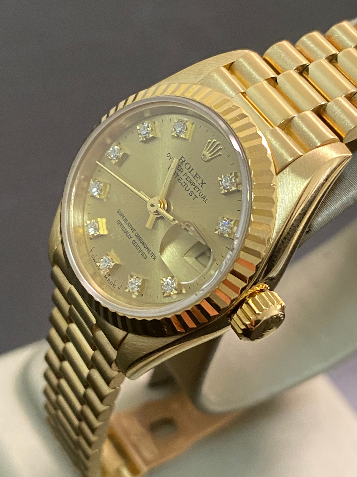 Rolex Yellow Gold Lady-Datejust - S serial - Fluted Bezel - Factory Diamond Dial - President Bracelet - 69178 *FULL SET*