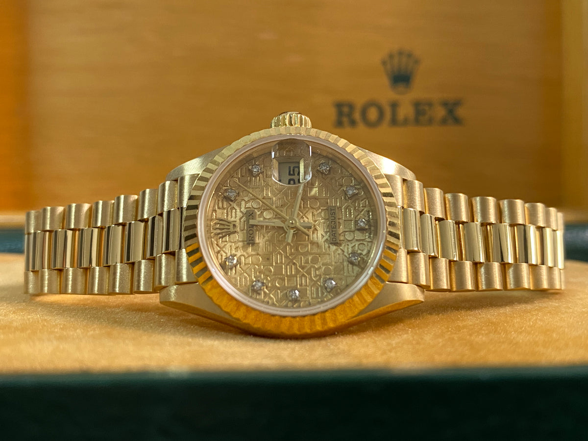 Rolex Yellow Gold Lady-Datejust - W serial - Fluted Bezel - Anniversary Diamond Dial - President Bracelet - 69178 *FULL SET*