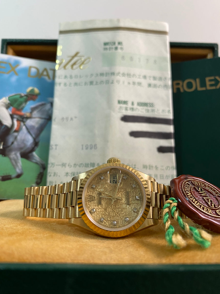 Rolex Yellow Gold Lady-Datejust - W serial - Fluted Bezel - Anniversary Diamond Dial - President Bracelet - 69178 *FULL SET*