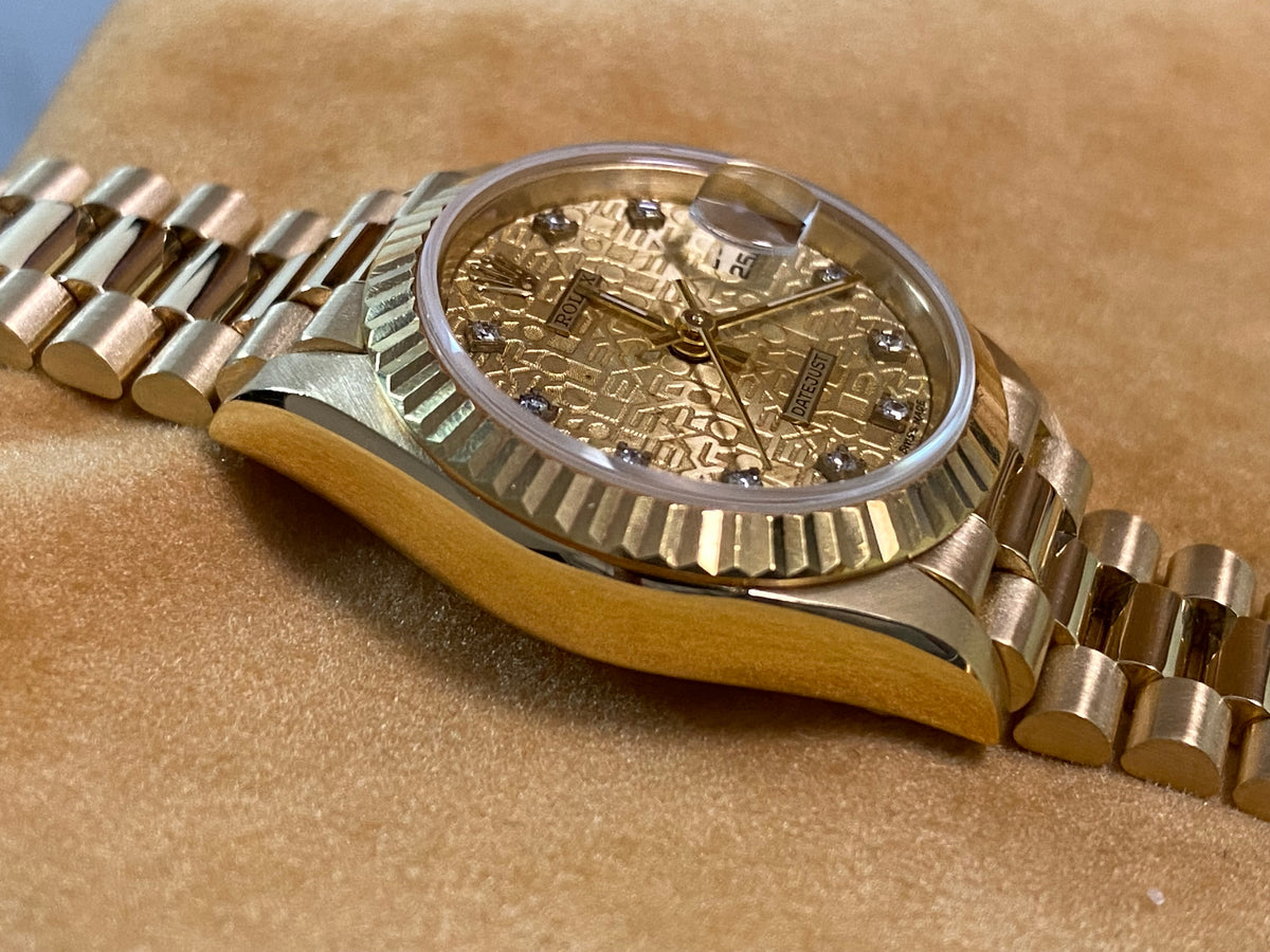 Rolex Yellow Gold Lady-Datejust - W serial - Fluted Bezel - Anniversary Diamond Dial - President Bracelet - 69178 *FULL SET*