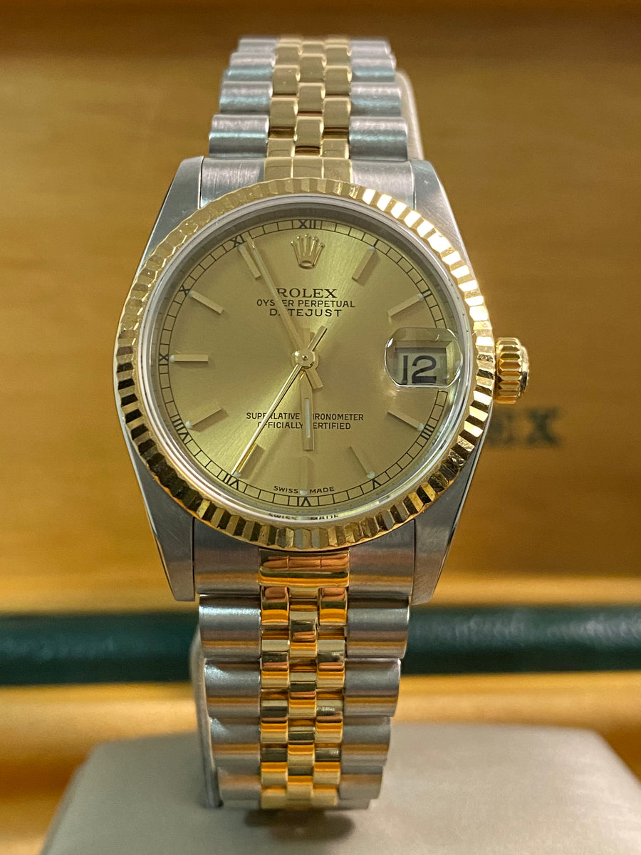 Rolex Steel & Yellow Gold Datejust 31 - K serial - Fluted Bezel - Champagne Index Dial - Jubilee Bracelet - 78273 *FULL SET*