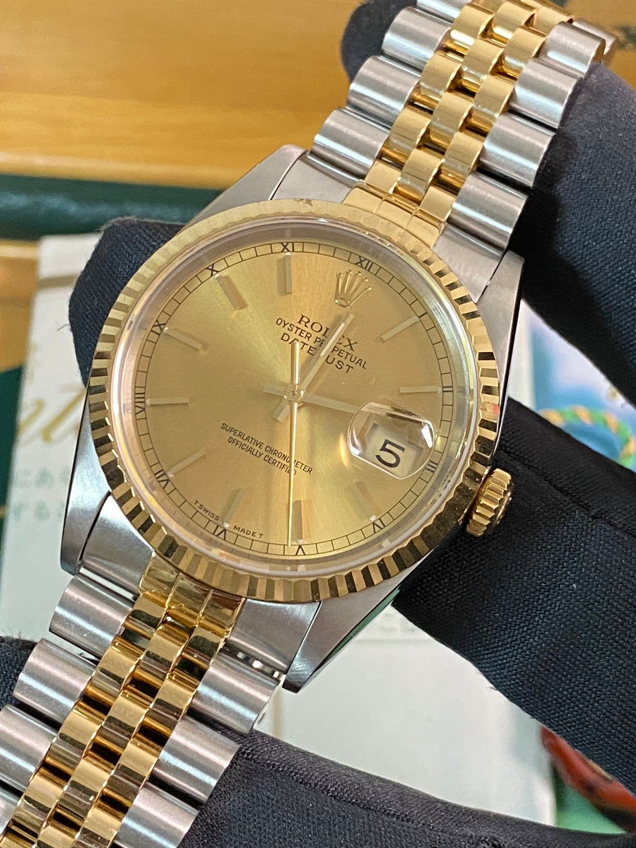 Rolex Steel and Yellow Gold Datejust 36 - X serial - Fluted Bezel - Champagne Index Dial - Jubilee Bracelet - 16233 *FULL SET*