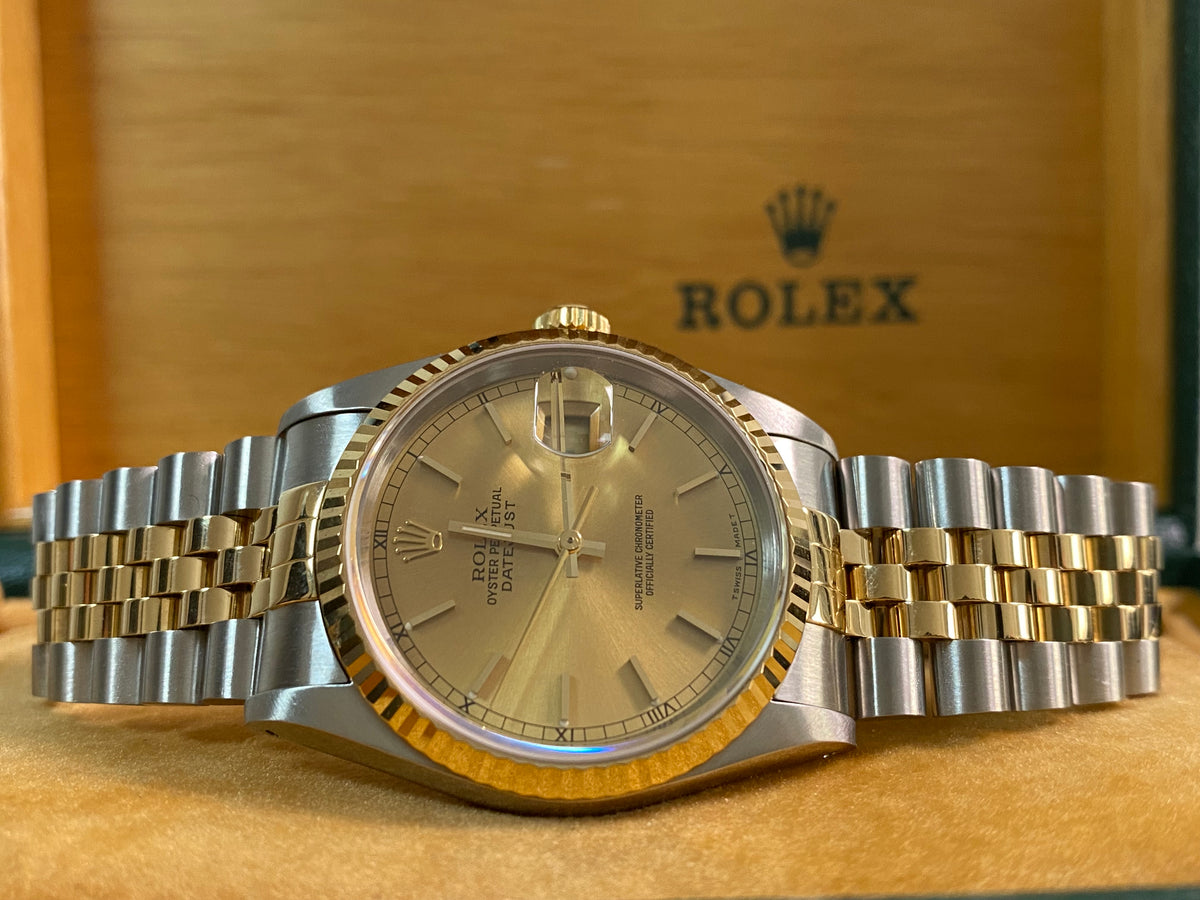 Rolex Steel and Yellow Gold Datejust 36 - X serial - Fluted Bezel - Champagne Index Dial - Jubilee Bracelet - 16233 *FULL SET*