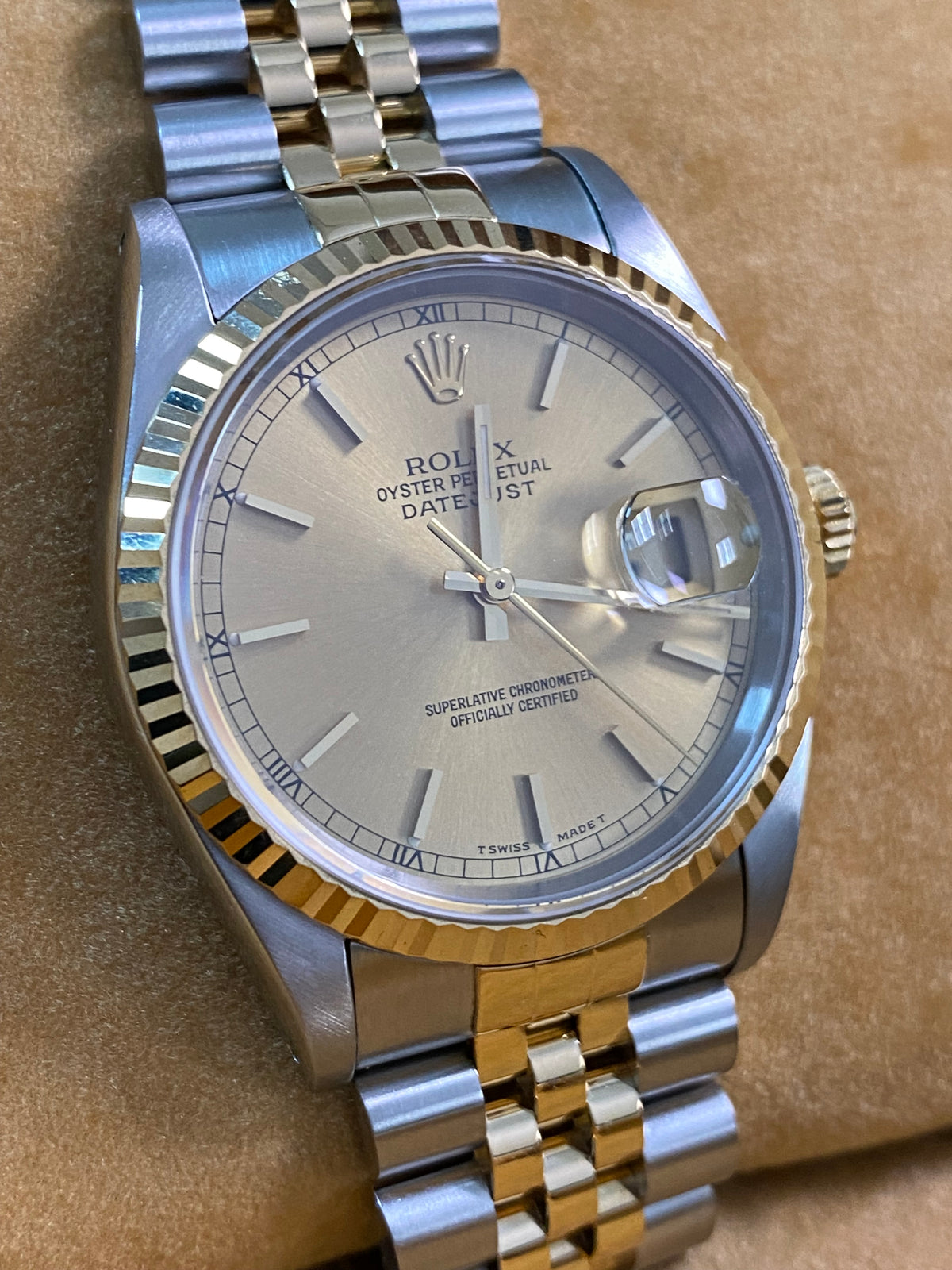 Rolex Steel and Yellow Gold Datejust 36 - X serial - Fluted Bezel - Champagne Index Dial - Jubilee Bracelet - 16233 *FULL SET*