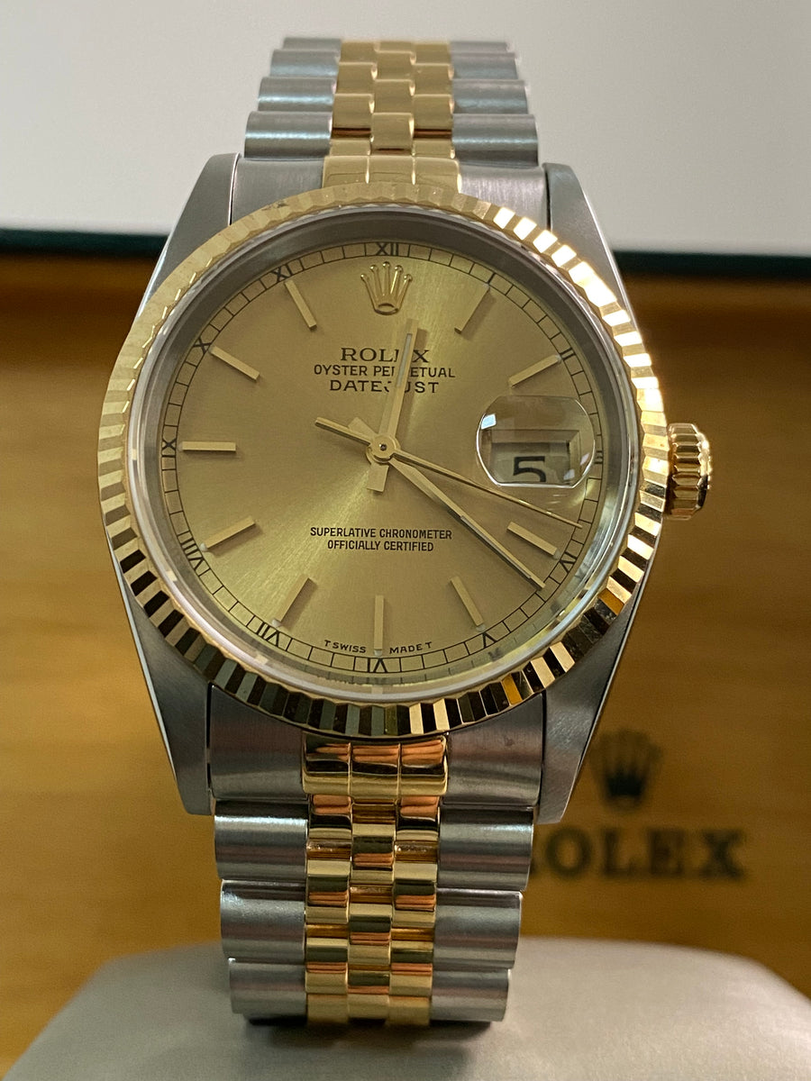 Rolex Steel and Yellow Gold Datejust 36 - X serial - Fluted Bezel - Champagne Index Dial - Jubilee Bracelet - 16233 *FULL SET*