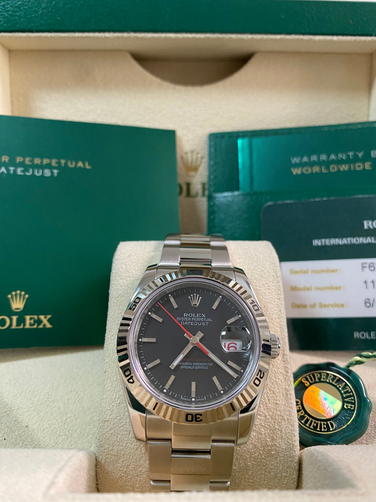 Rolex Steel Datejust 36 Turn-O-Graph - F Serial - Fluted Bezel - Black Index Dial - Oyster Bracelet - 116264