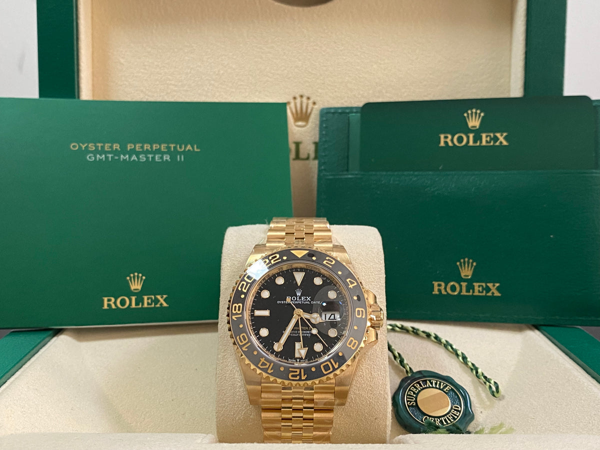 Rolex Yellow Gold GMT-Master II - 2023 - Grey and Black Bezel - Black Dial - Jubilee Bracelet - 126718GRNR