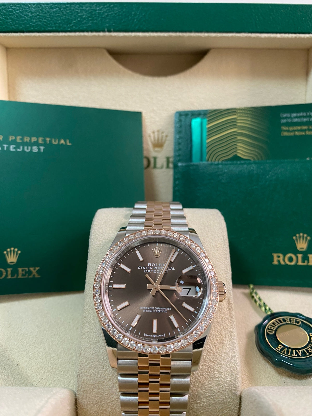 Rolex Everose Rolesor Datejust 36 - 2024 - Diamond Bezel - Chocolate Index Dial - Jubilee Bracelet - 126281RBR *FULL SET*