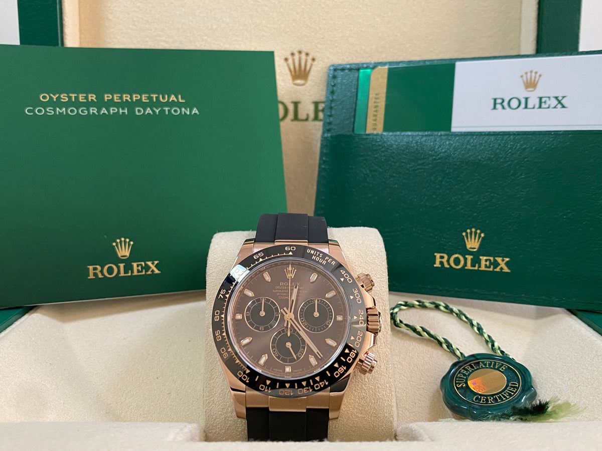 Rolex Everose Gold Cosmograph Daytona - 2019 - Chocolate Index Dial - Black Oysterflex Strap - 116515LN *NOS*