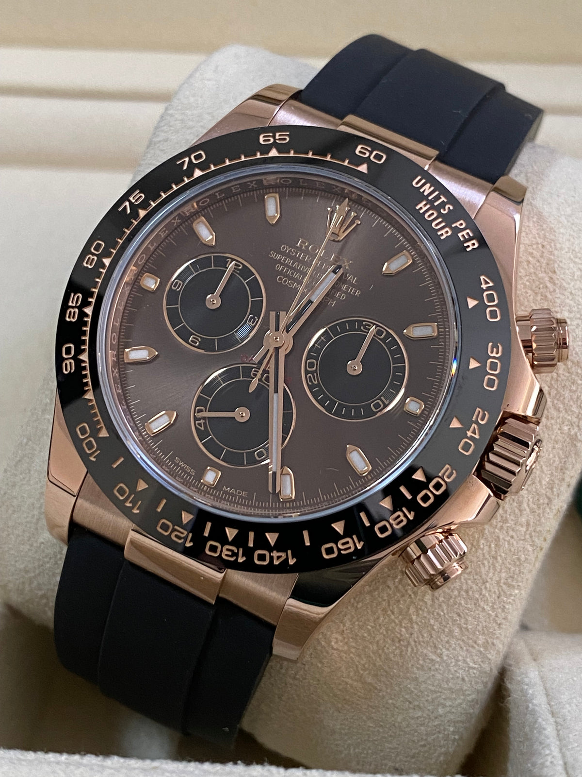 Rolex Everose Gold Cosmograph Daytona - 2019 - Chocolate Index Dial - Black Oysterflex Strap - 116515LN *NOS*