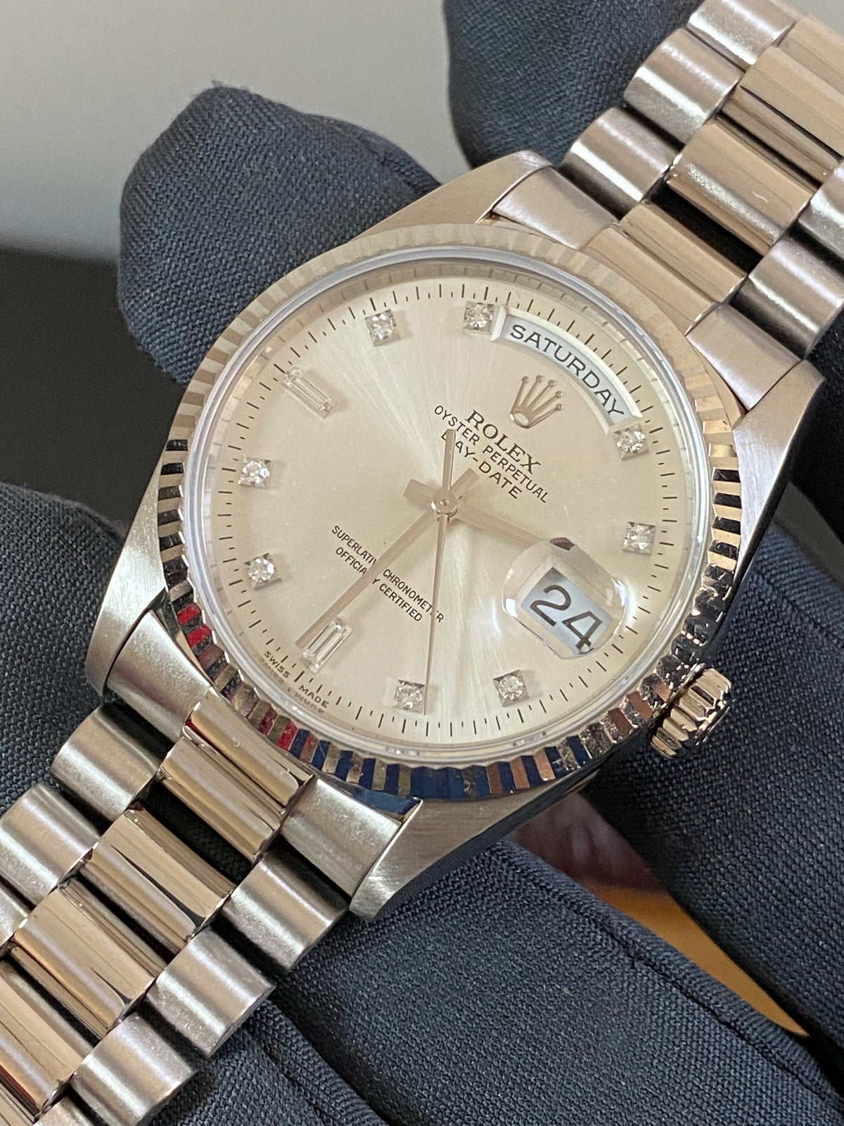 Rolex White Gold Day-Date 36 - W serial - Fluted Bezel - Factory Diamond Dial - President Bracelet - 18239