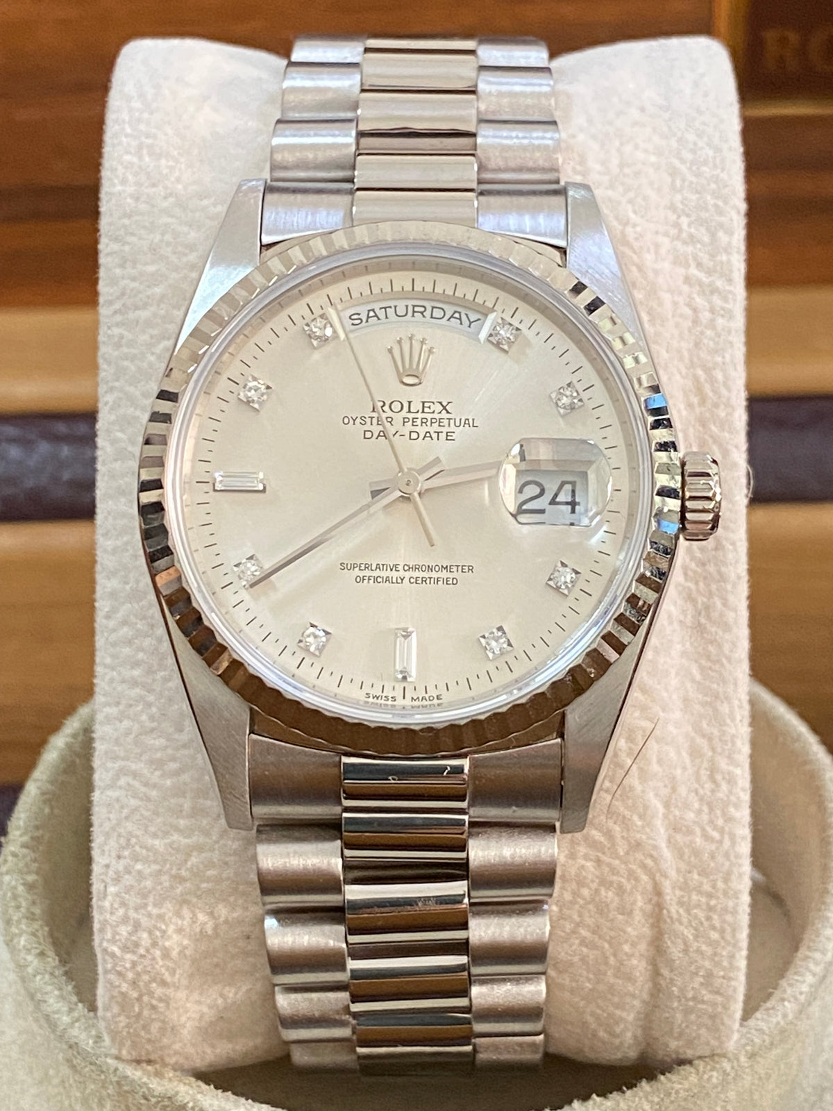 Rolex White Gold Day-Date 36 - W serial - Fluted Bezel - Factory Diamond Dial - President Bracelet - 18239