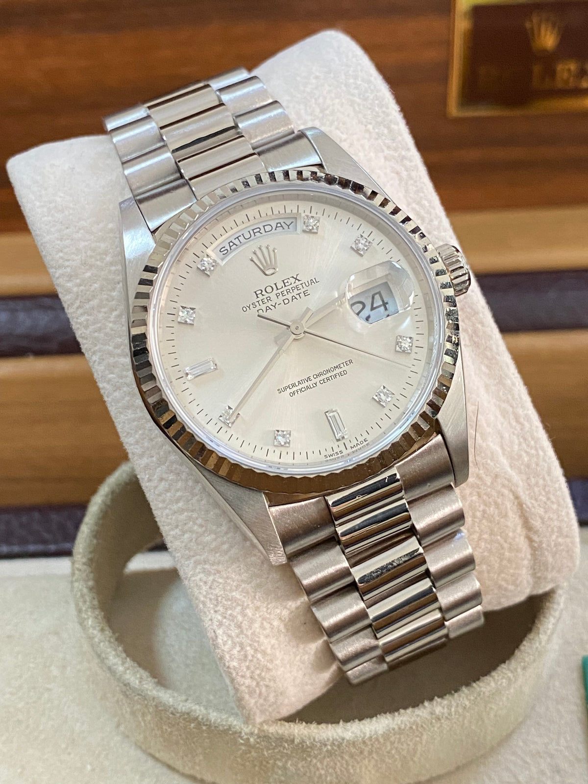 Rolex White Gold Day-Date 36 - W serial - Fluted Bezel - Factory Diamond Dial - President Bracelet - 18239