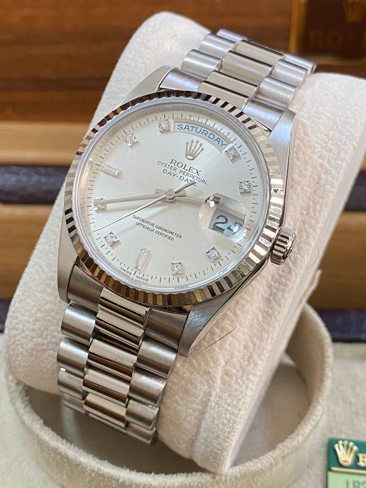 Rolex White Gold Day-Date 36 - W serial - Fluted Bezel - Factory Diamond Dial - President Bracelet - 18239