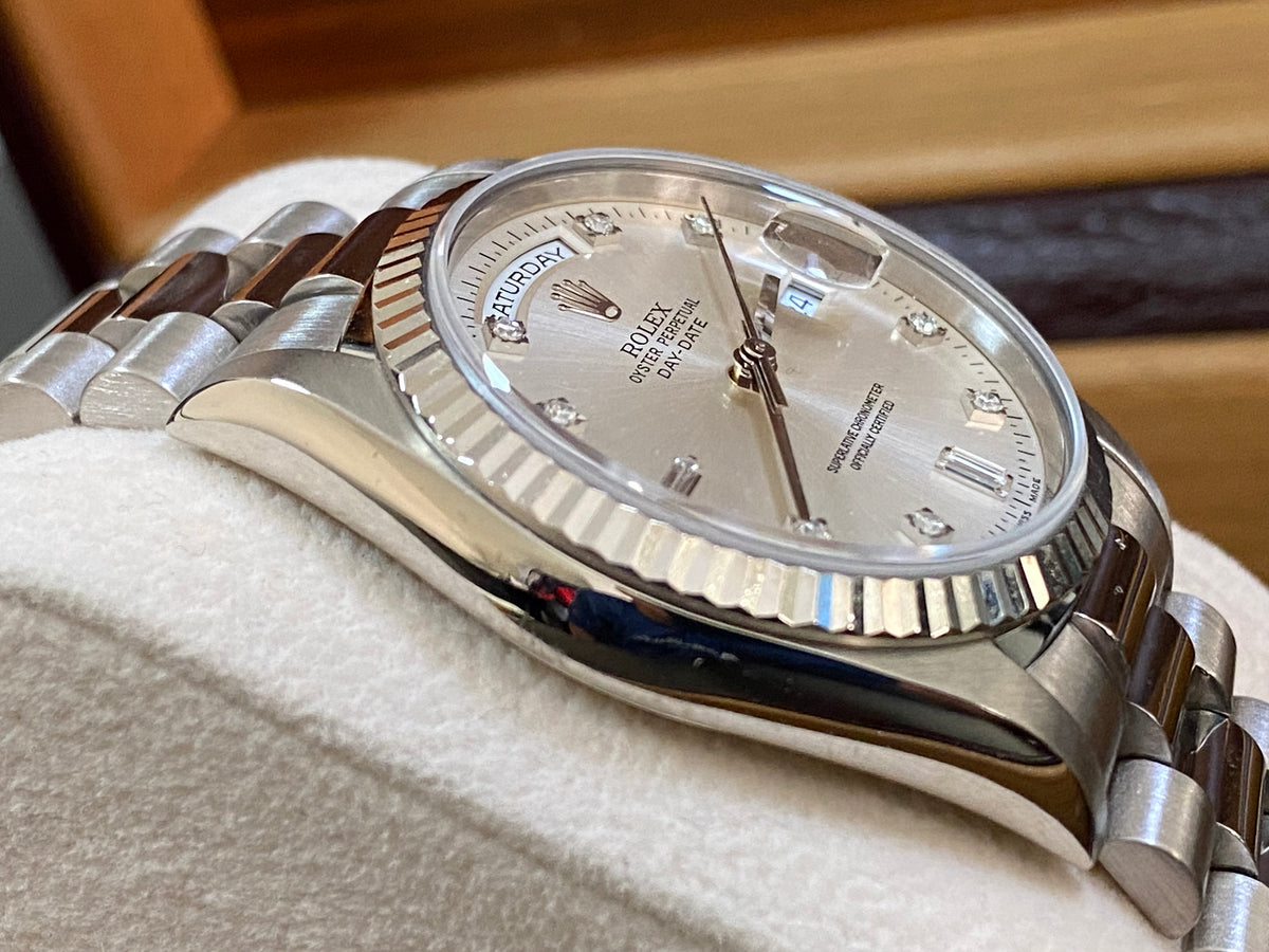 Rolex White Gold Day-Date 36 - W serial - Fluted Bezel - Factory Diamond Dial - President Bracelet - 18239