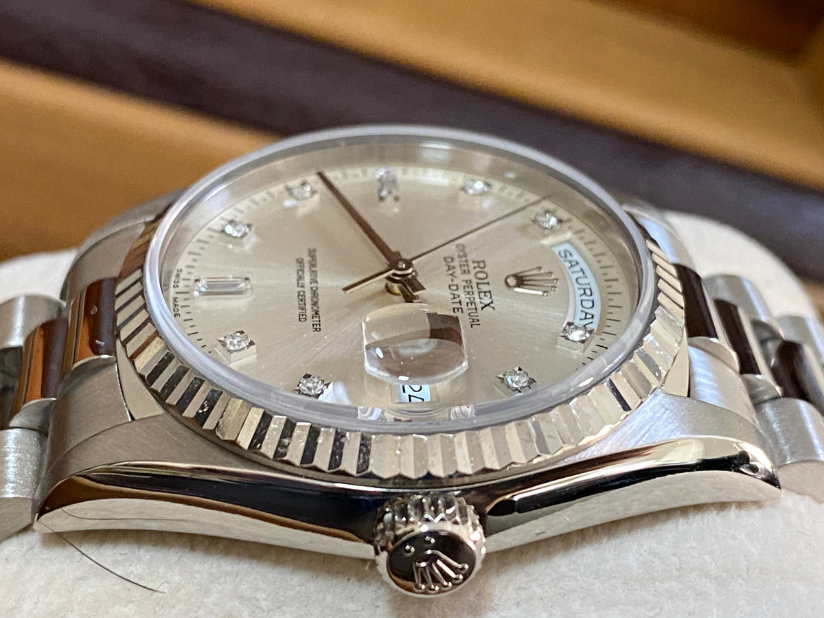 Rolex White Gold Day-Date 36 - W serial - Fluted Bezel - Factory Diamond Dial - President Bracelet - 18239