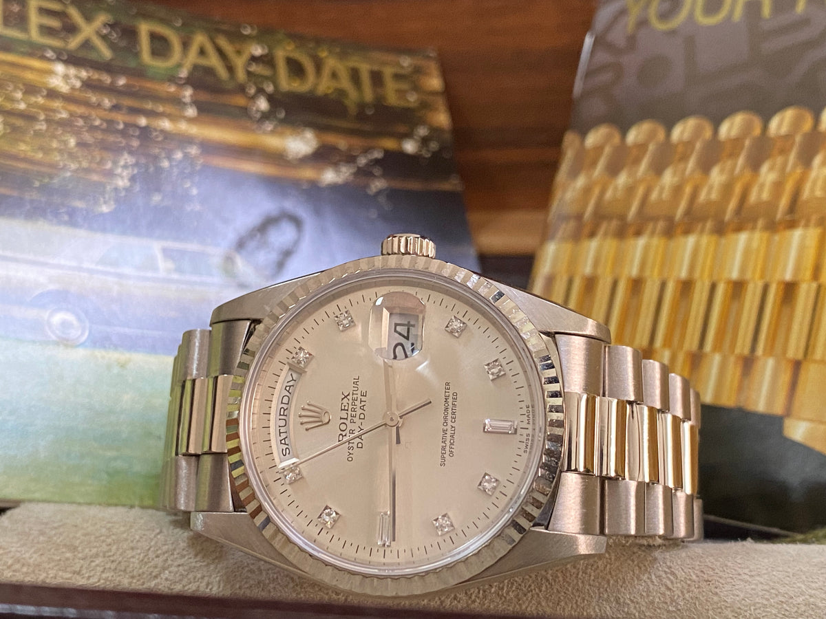 Rolex White Gold Day-Date 36 - W serial - Fluted Bezel - Factory Diamond Dial - President Bracelet - 18239