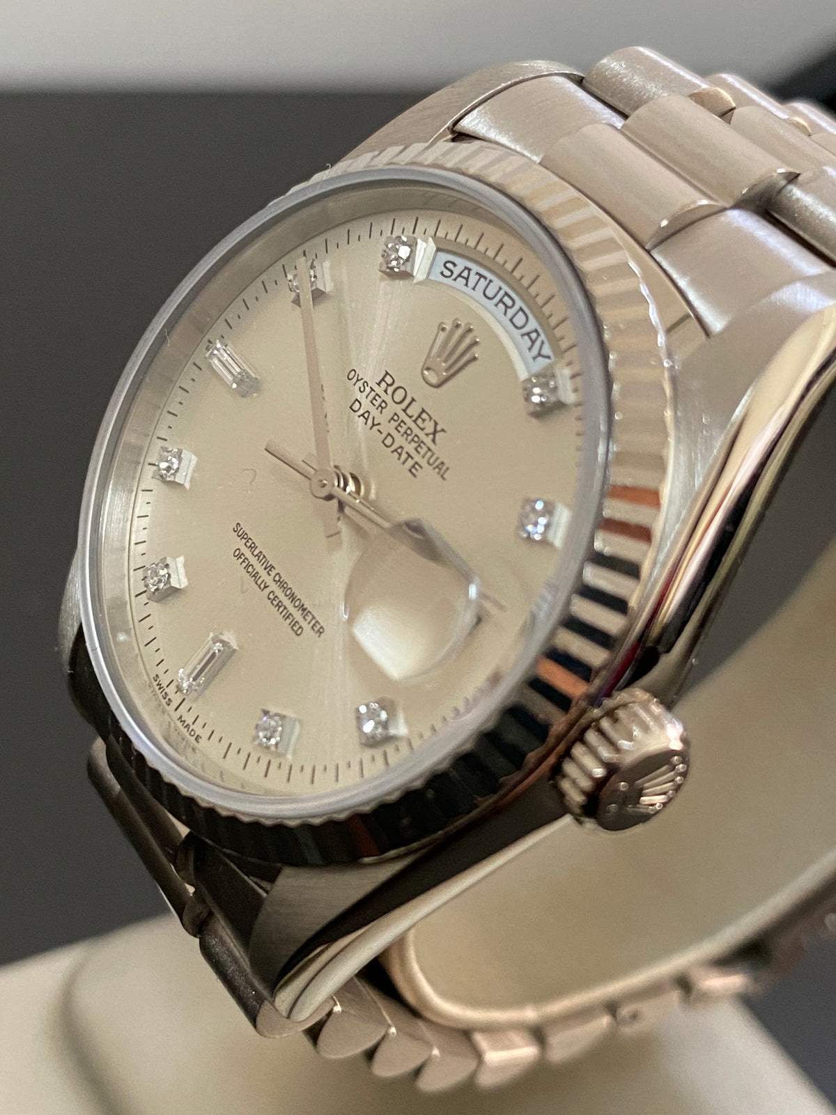 Rolex White Gold Day-Date 36 - W serial - Fluted Bezel - Factory Diamond Dial - President Bracelet - 18239