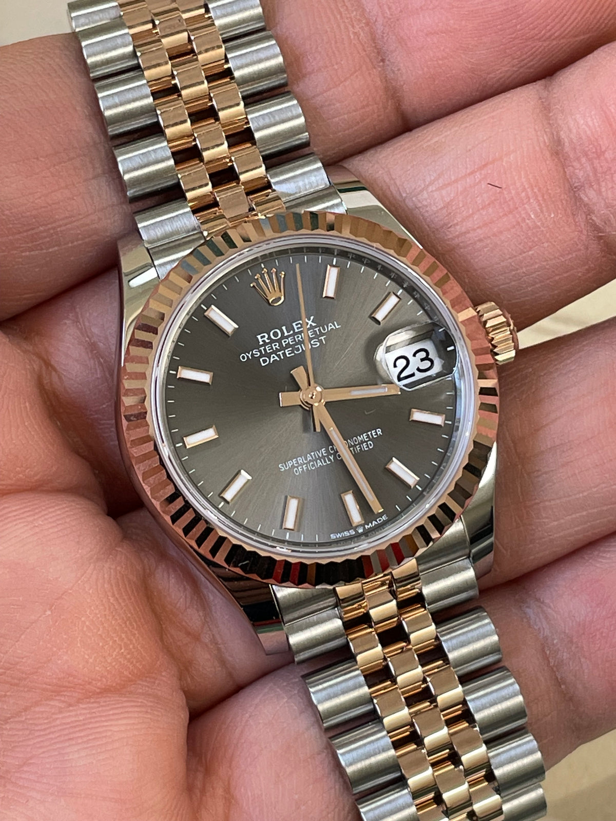 Rolex Steel and Everose Gold Datejust 31 - 2022 - Fluted Bezel - Dark Rhodium Index Dial - Jubilee Bracelet - 278271