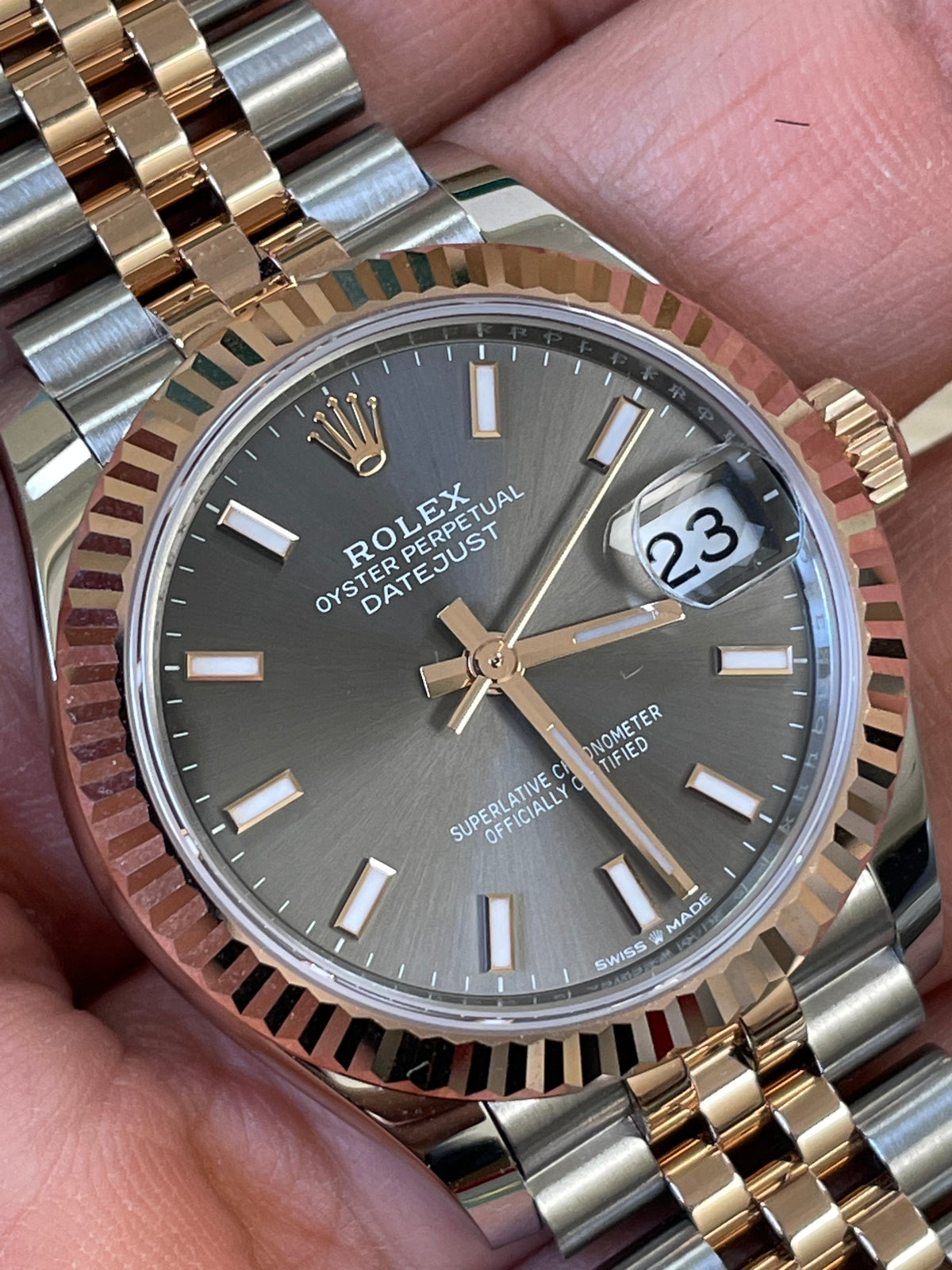 Rolex Steel and Everose Gold Datejust 31 - 2022 - Fluted Bezel - Dark Rhodium Index Dial - Jubilee Bracelet - 278271