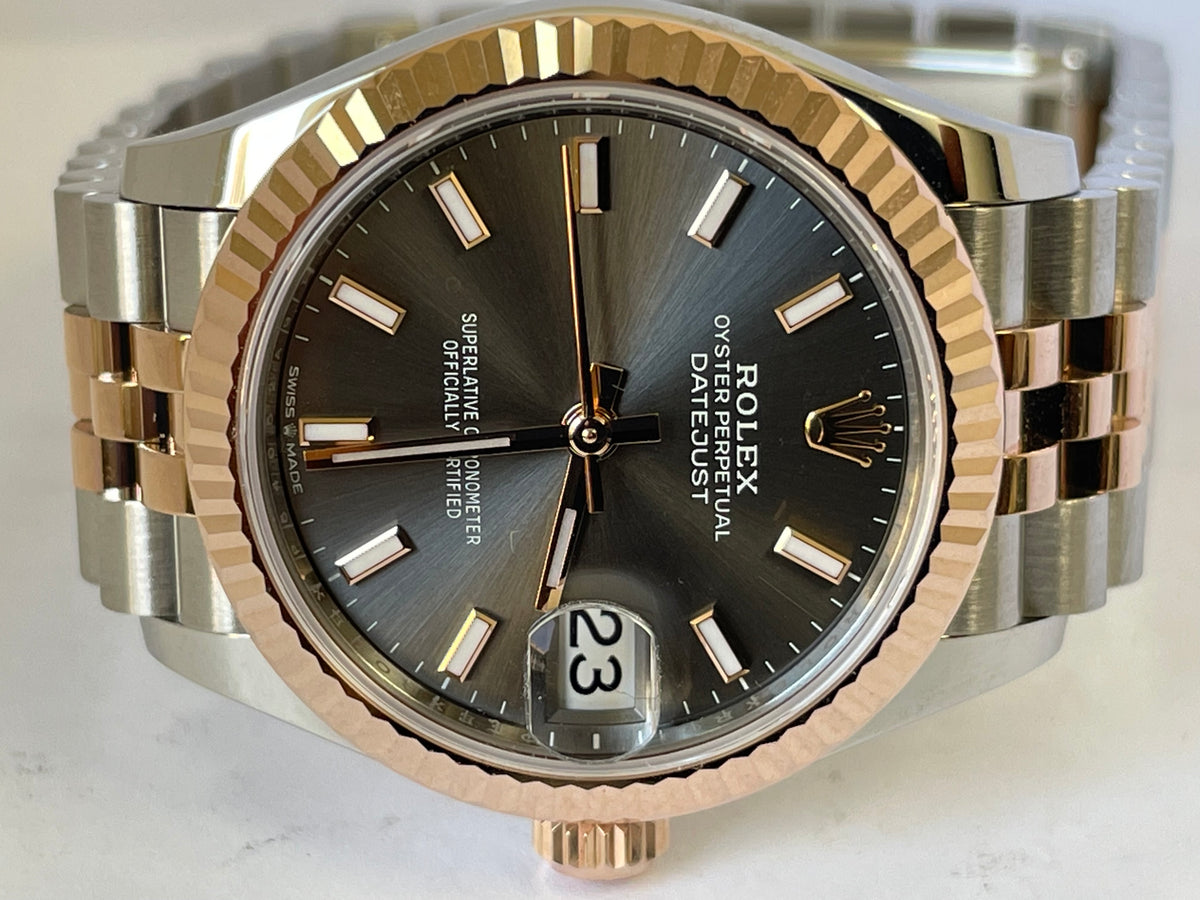 Rolex Steel and Everose Gold Datejust 31 - 2022 - Fluted Bezel - Dark Rhodium Index Dial - Jubilee Bracelet - 278271