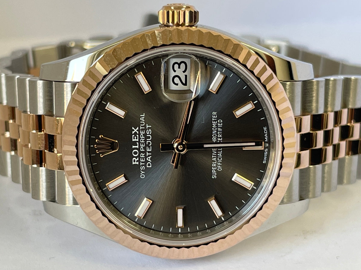 Rolex Steel and Everose Gold Datejust 31 - 2022 - Fluted Bezel - Dark Rhodium Index Dial - Jubilee Bracelet - 278271