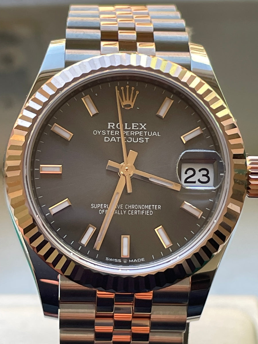 Rolex Steel and Everose Gold Datejust 31 - 2022 - Fluted Bezel - Dark Rhodium Index Dial - Jubilee Bracelet - 278271