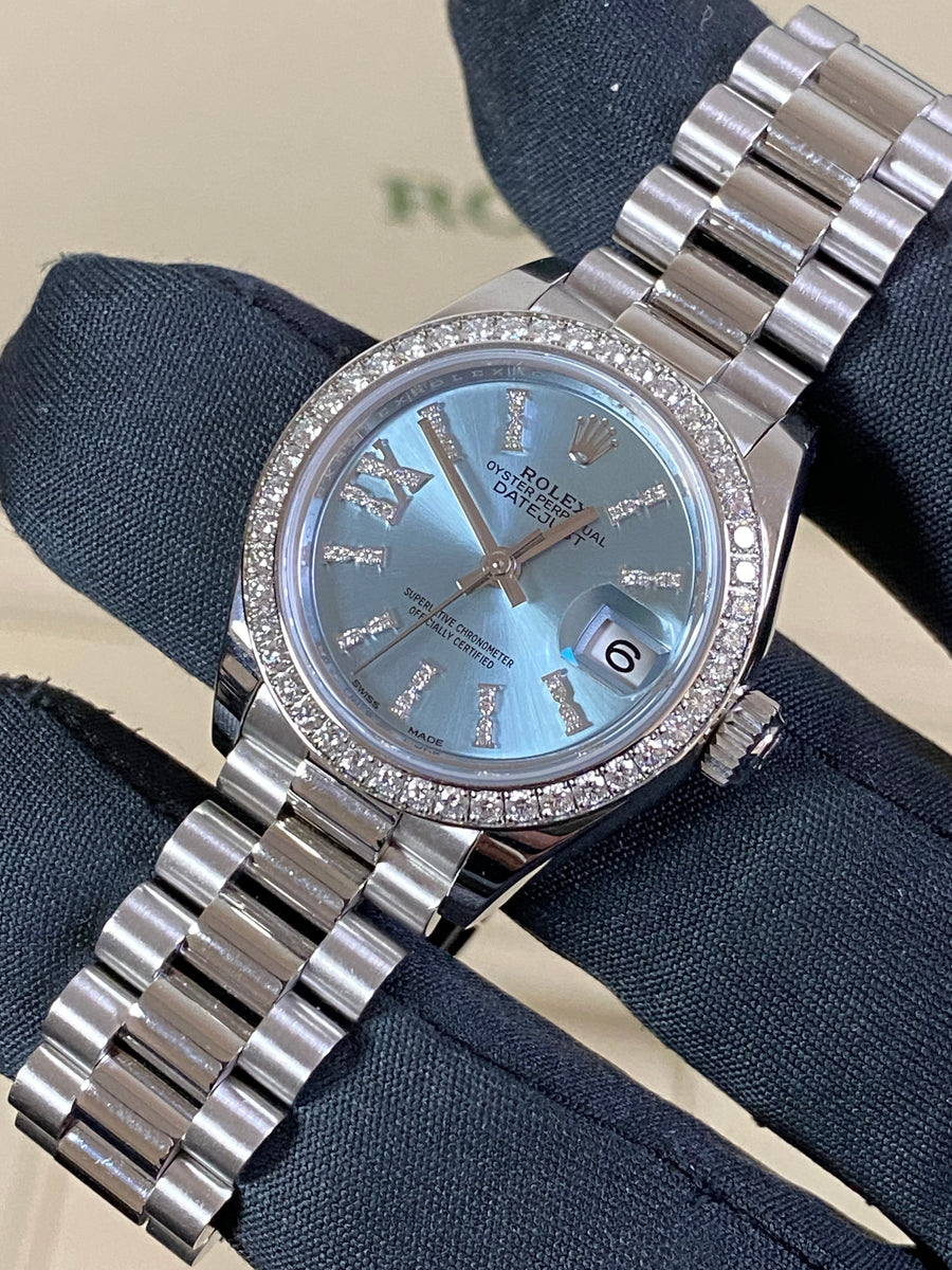 Rolex Platinum Lady-Datejust 28 - 2018 - 44 Diamond Bezel - Ice Blue Diamond Dial - President Bracelet - 279136RBR