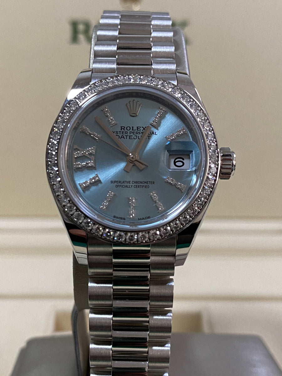 Rolex Platinum Lady-Datejust 28 - 2018 - 44 Diamond Bezel - Ice Blue Diamond Dial - President Bracelet - 279136RBR