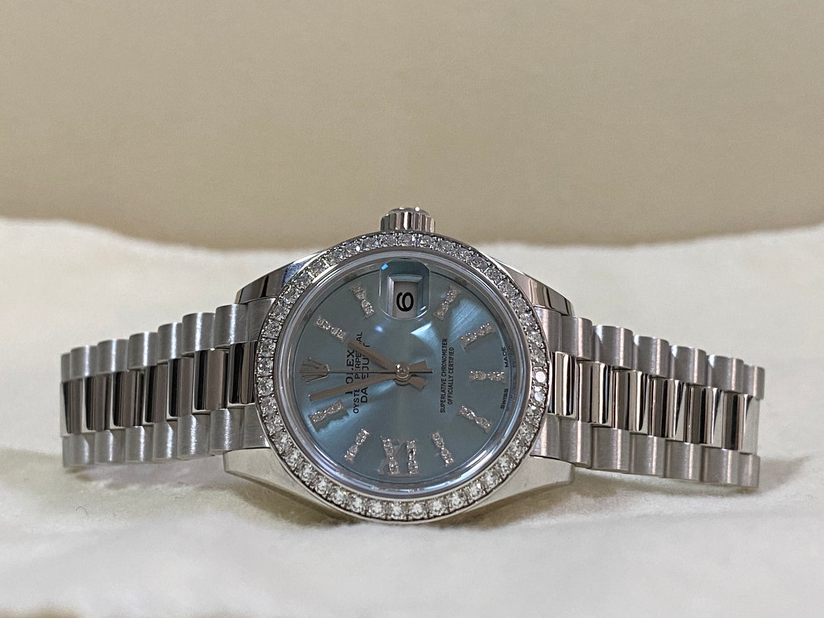 Rolex Platinum Lady-Datejust 28 - 2018 - 44 Diamond Bezel - Ice Blue Diamond Dial - President Bracelet - 279136RBR