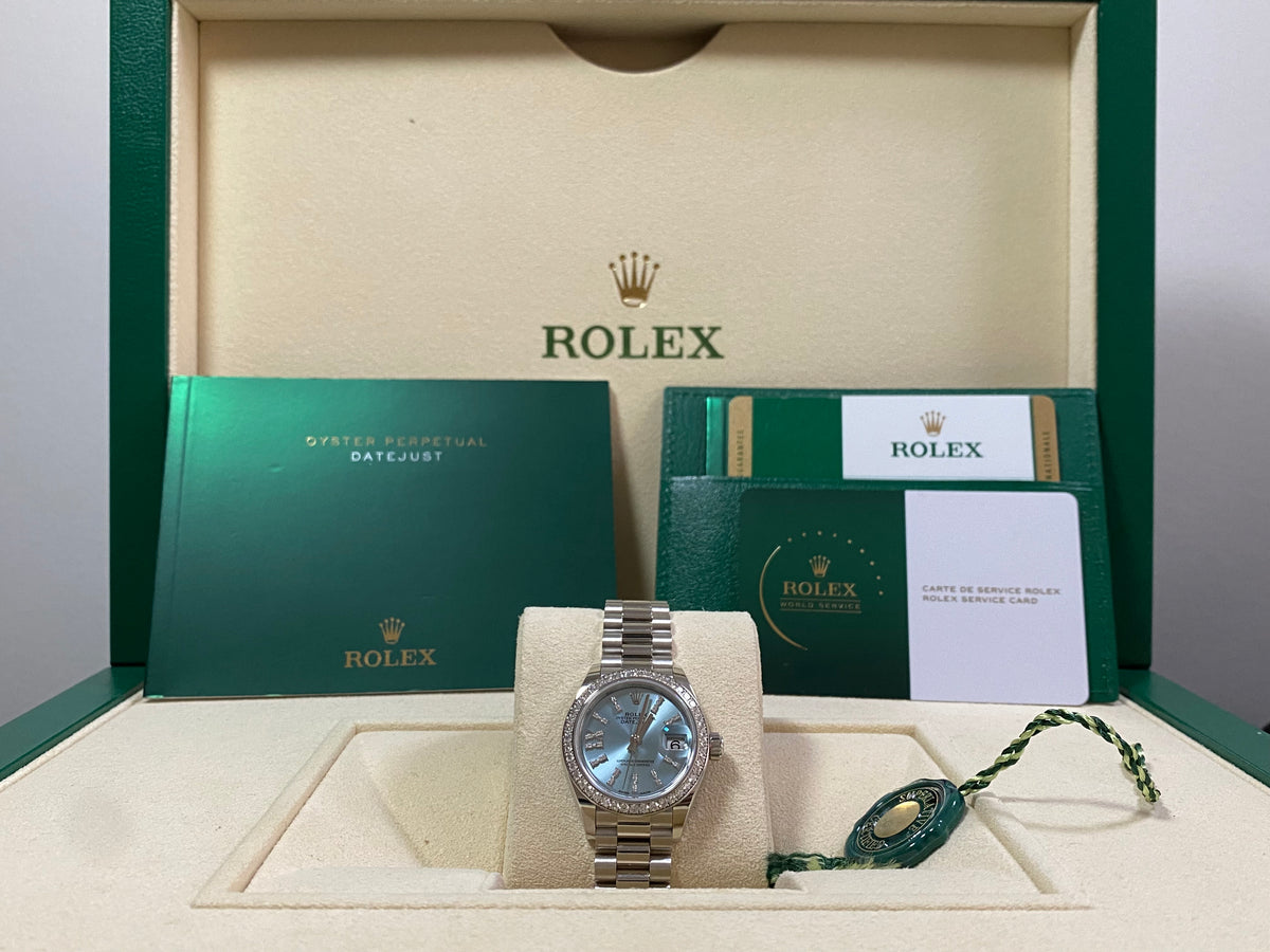 Rolex Platinum Lady-Datejust 28 - 2018 - 44 Diamond Bezel - Ice Blue Diamond Dial - President Bracelet - 279136RBR