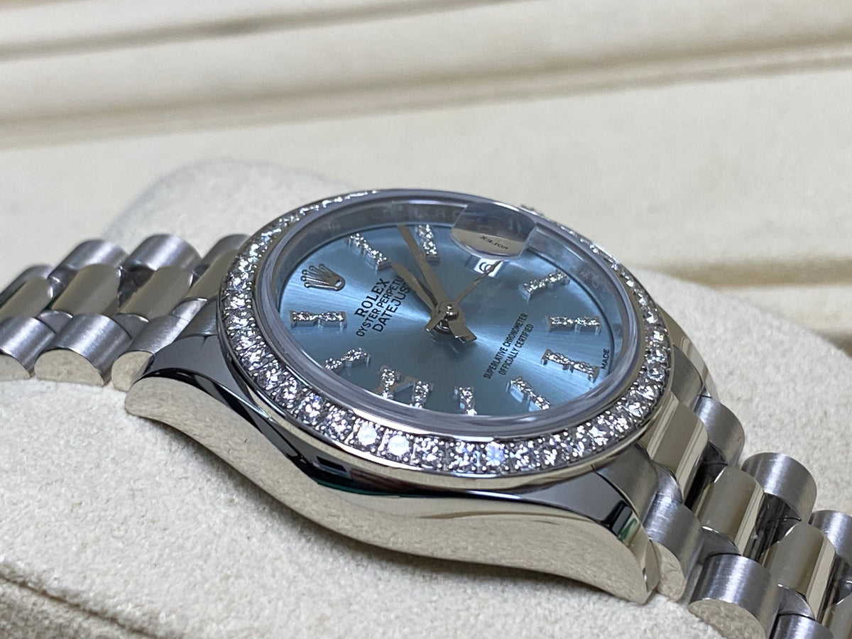 Rolex Platinum Lady-Datejust 28 - 2018 - 44 Diamond Bezel - Ice Blue Diamond Dial - President Bracelet - 279136RBR