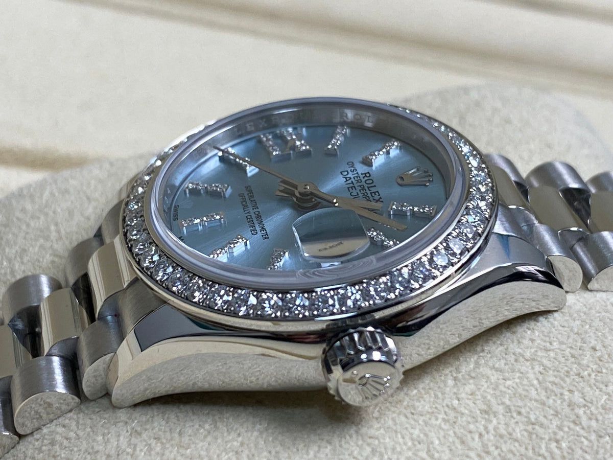 Rolex Platinum Lady-Datejust 28 - 2018 - 44 Diamond Bezel - Ice Blue Diamond Dial - President Bracelet - 279136RBR