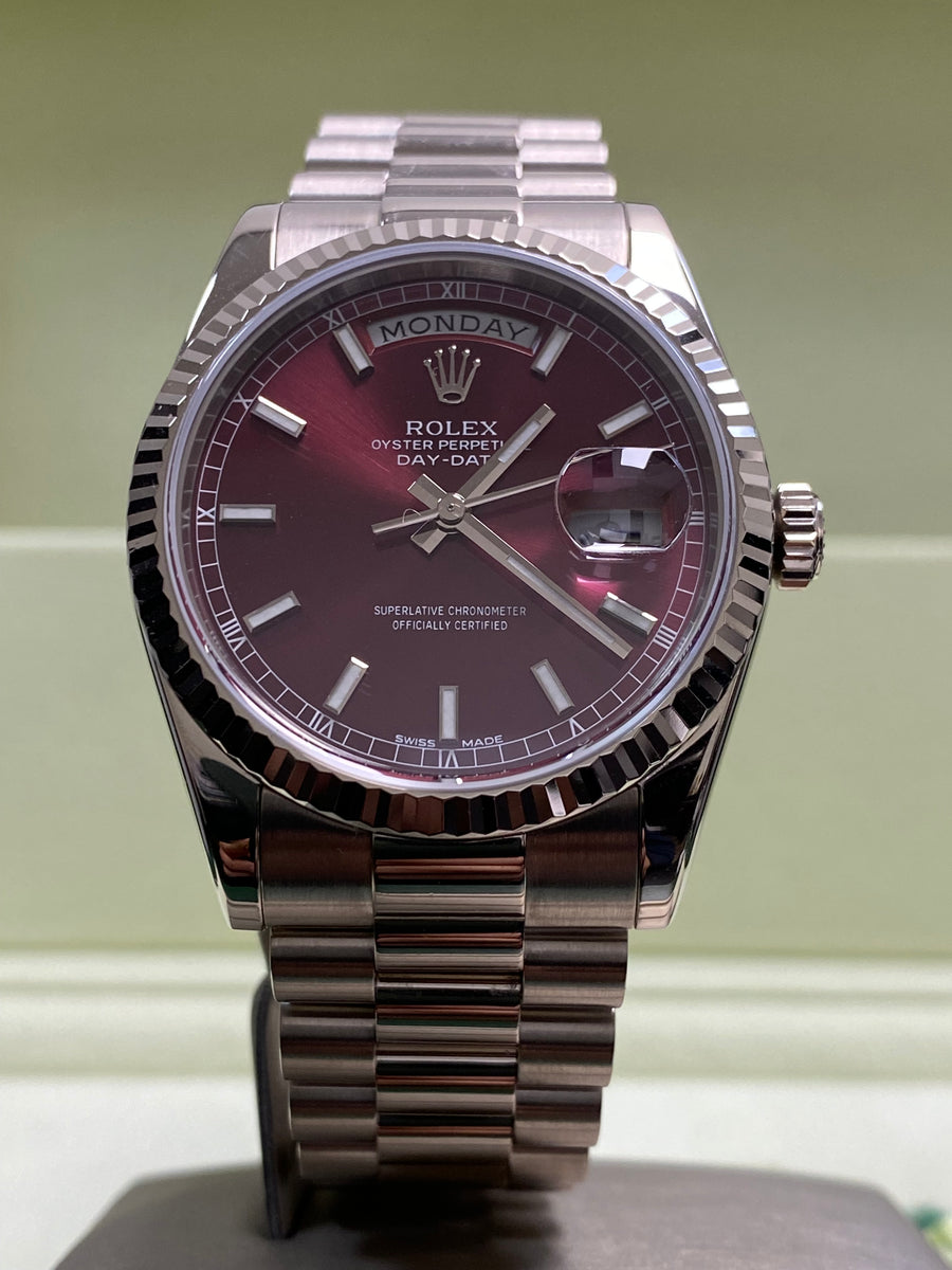 Rolex White Gold Day-Date 36 - D serial - Fluted Bezel - Cherry Dial - President Bracelet - 118239