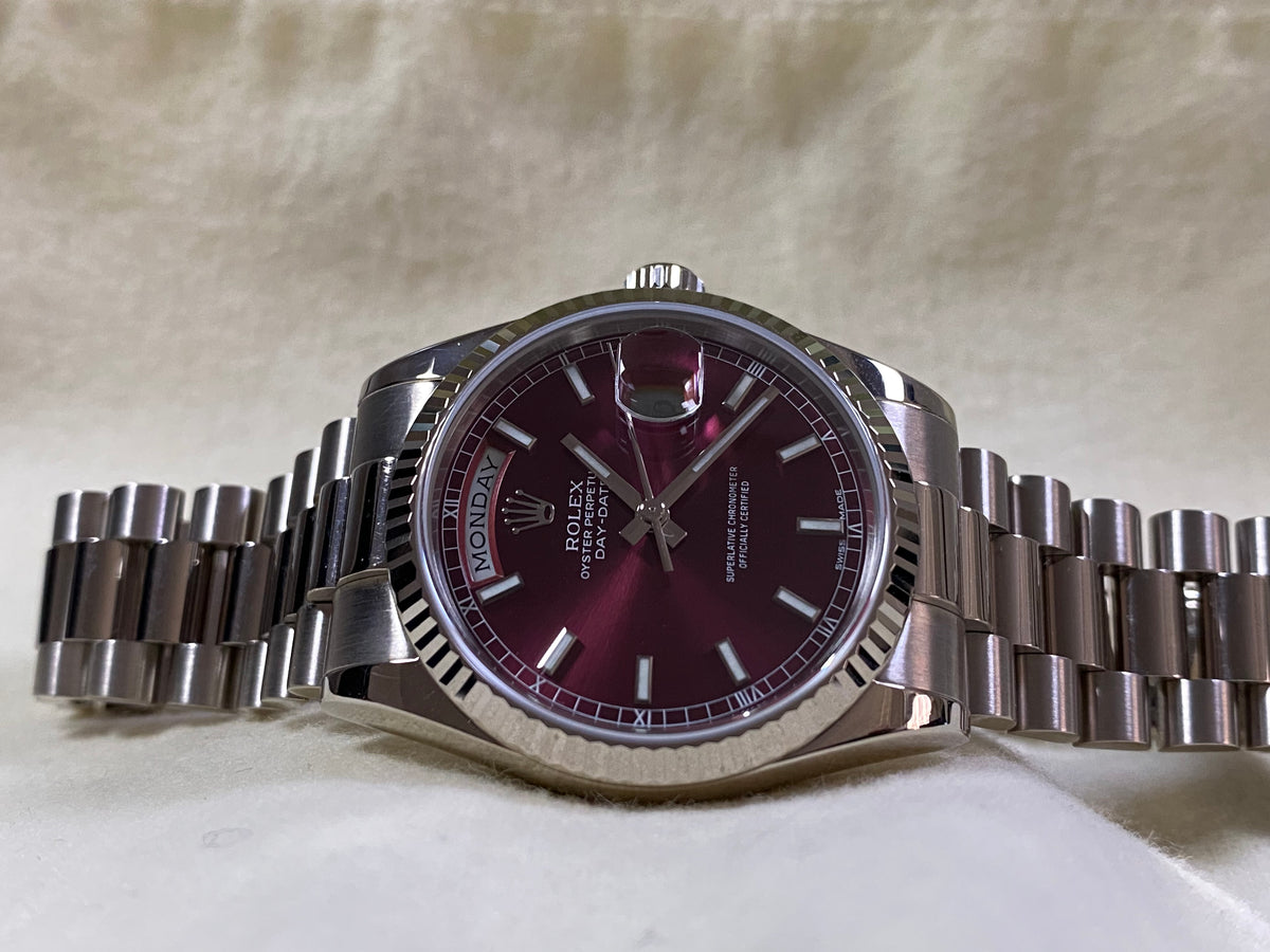 Rolex White Gold Day-Date 36 - D serial - Fluted Bezel - Cherry Dial - President Bracelet - 118239