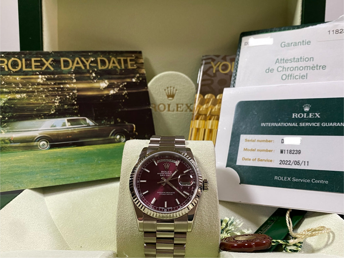 Rolex White Gold Day-Date 36 - D serial - Fluted Bezel - Cherry Dial - President Bracelet - 118239