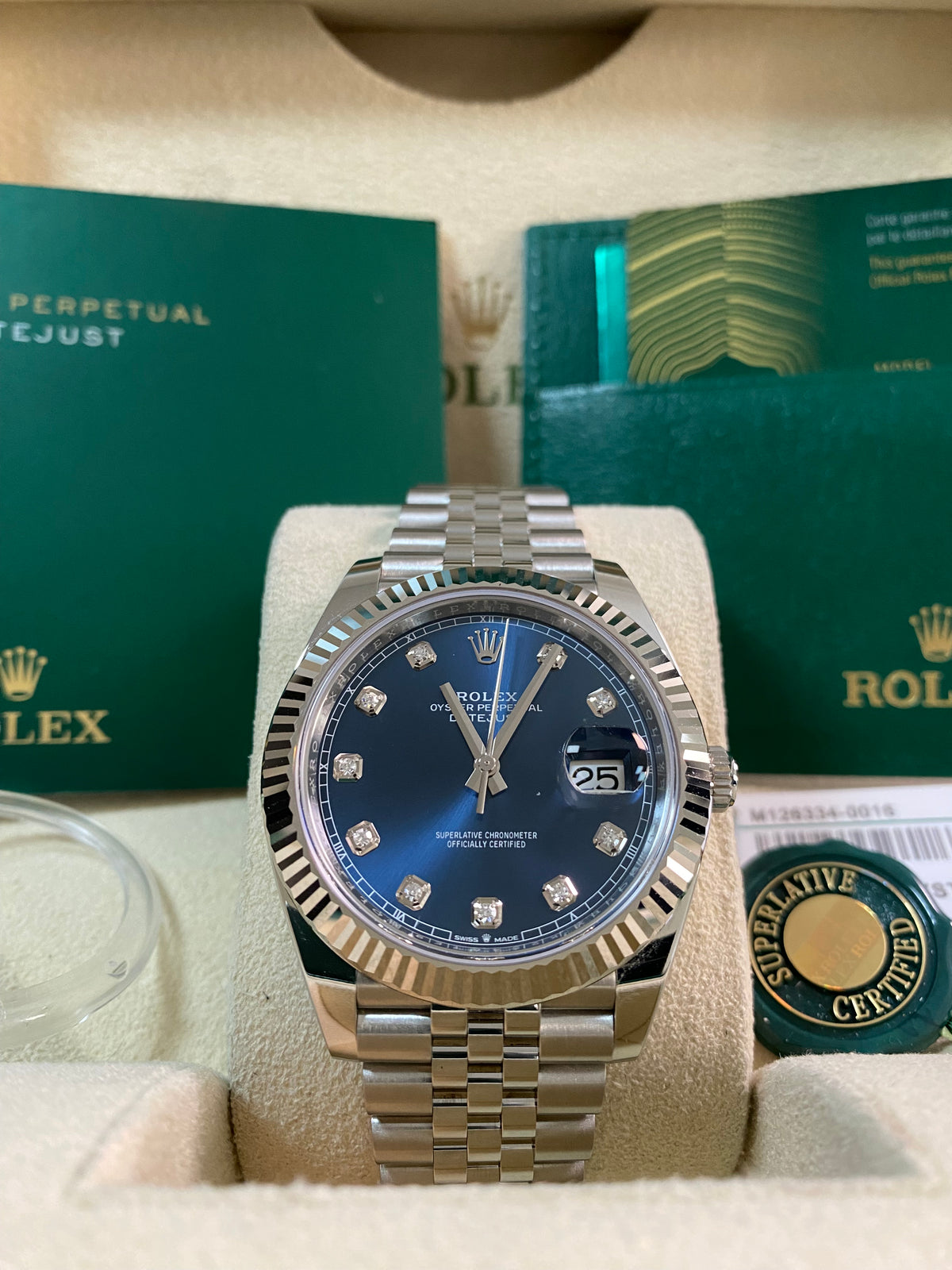 Rolex Steel and White Gold Datejust 41 - 2024 - Fluted Bezel - Blue Diamond Dial - Jubilee Bracelet - 126334 *FULL SET*