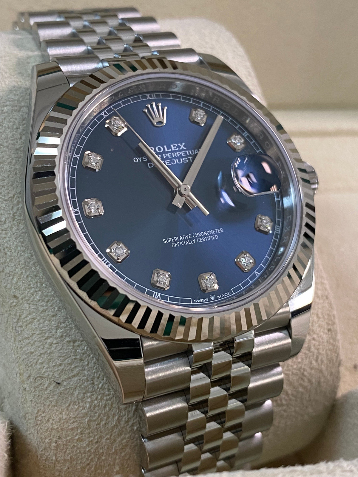 Rolex Steel and White Gold Datejust 41 - 2024 - Fluted Bezel - Blue Diamond Dial - Jubilee Bracelet - 126334 *FULL SET*