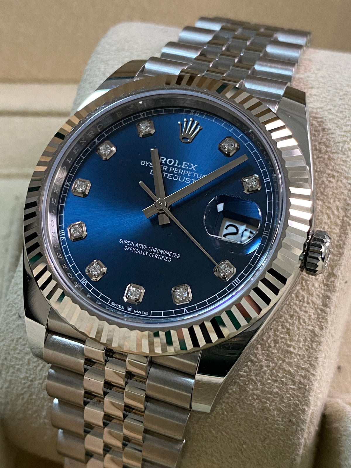 Rolex Steel and White Gold Datejust 41 - 2024 - Fluted Bezel - Blue Diamond Dial - Jubilee Bracelet - 126334 *FULL SET*