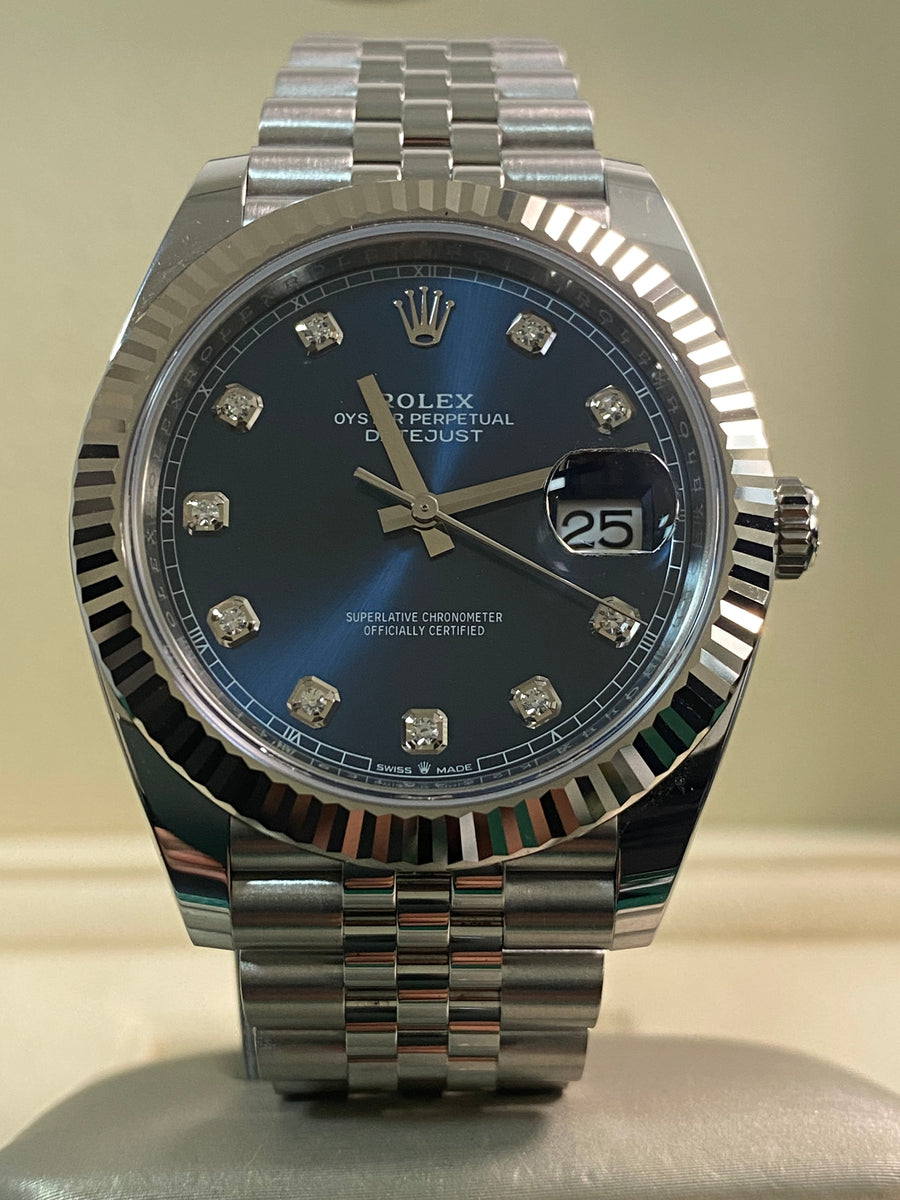 Rolex Steel and White Gold Datejust 41 - 2024 - Fluted Bezel - Blue Diamond Dial - Jubilee Bracelet - 126334 *FULL SET*