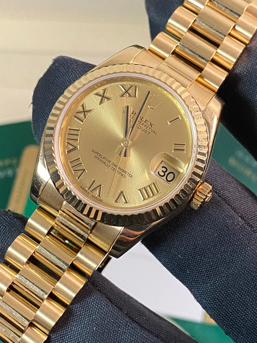 Rolex Yellow Gold Datejust 31 - 2017 - Fluted Bezel - Champagne Roman Dial - President Bracelet - 178278 *FULL SET*