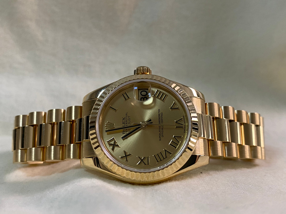 Rolex Yellow Gold Datejust 31 - 2017 - Fluted Bezel - Champagne Roman Dial - President Bracelet - 178278 *FULL SET*