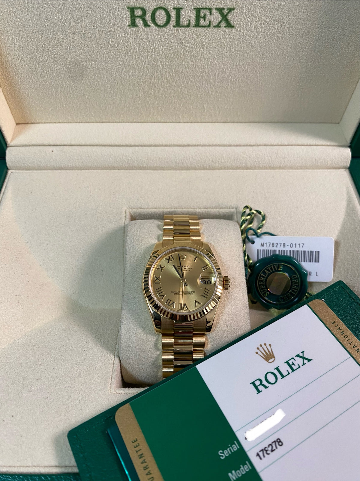 Rolex Yellow Gold Datejust 31 - 2017 - Fluted Bezel - Champagne Roman Dial - President Bracelet - 178278 *FULL SET*