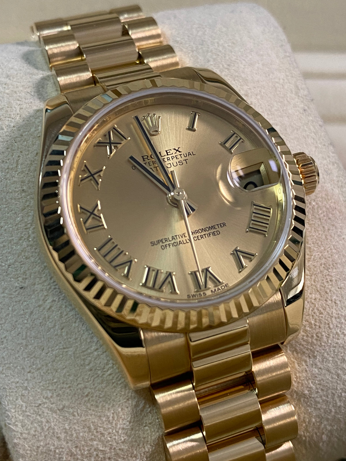 Rolex Yellow Gold Datejust 31 - 2017 - Fluted Bezel - Champagne Roman Dial - President Bracelet - 178278 *FULL SET*