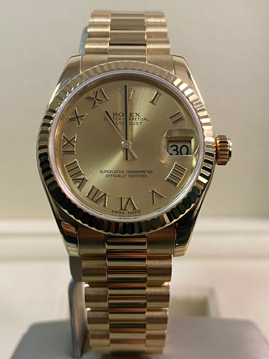 Rolex Yellow Gold Datejust 31 - 2017 - Fluted Bezel - Champagne Roman Dial - President Bracelet - 178278 *FULL SET*