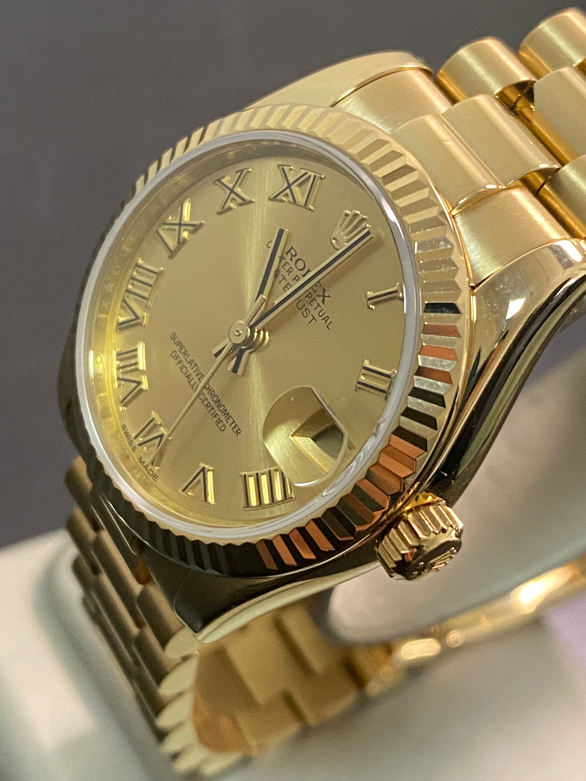 Rolex Yellow Gold Datejust 31 - 2017 - Fluted Bezel - Champagne Roman Dial - President Bracelet - 178278 *FULL SET*