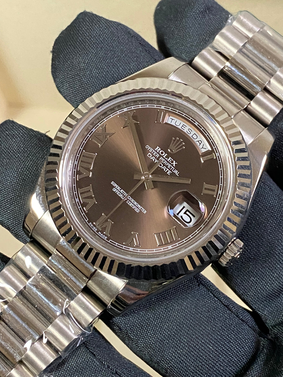 Rolex White Gold Day-Date II - 2018 - Fluted Bezel - Chocolate Roman Dial - President Bracelet - 218239