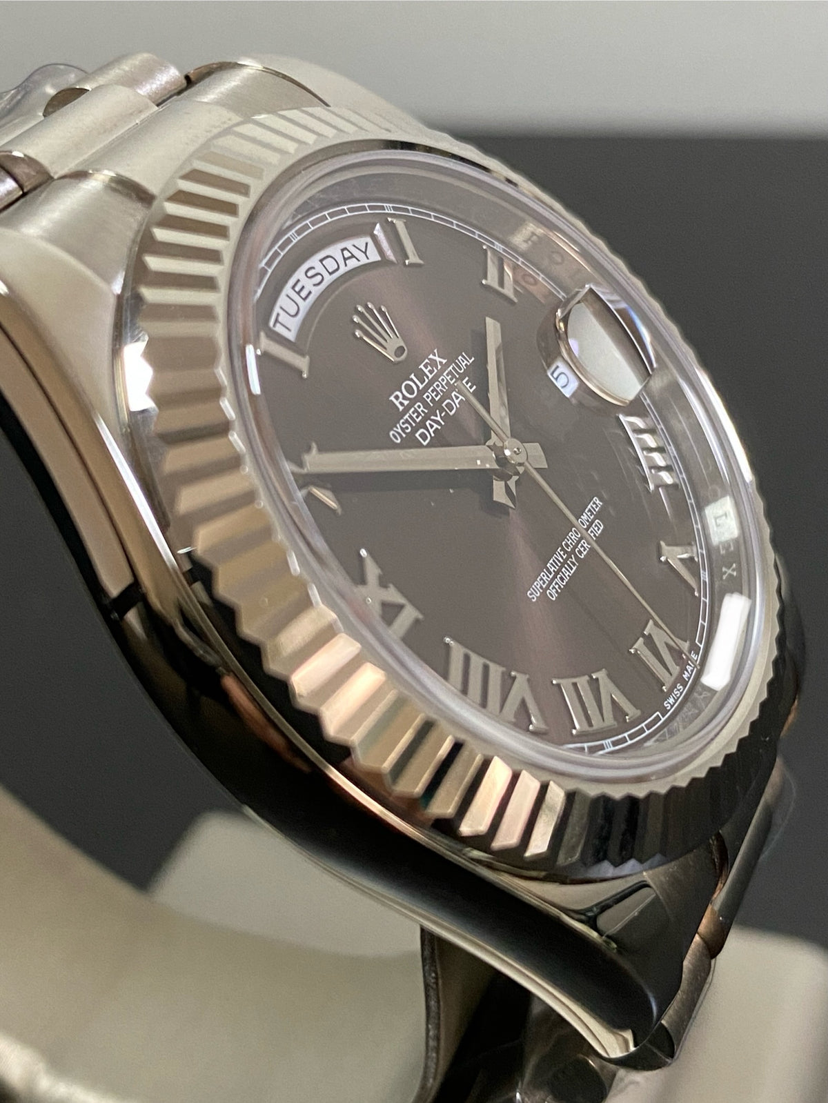 Rolex White Gold Day-Date II - 2018 - Fluted Bezel - Chocolate Roman Dial - President Bracelet - 218239