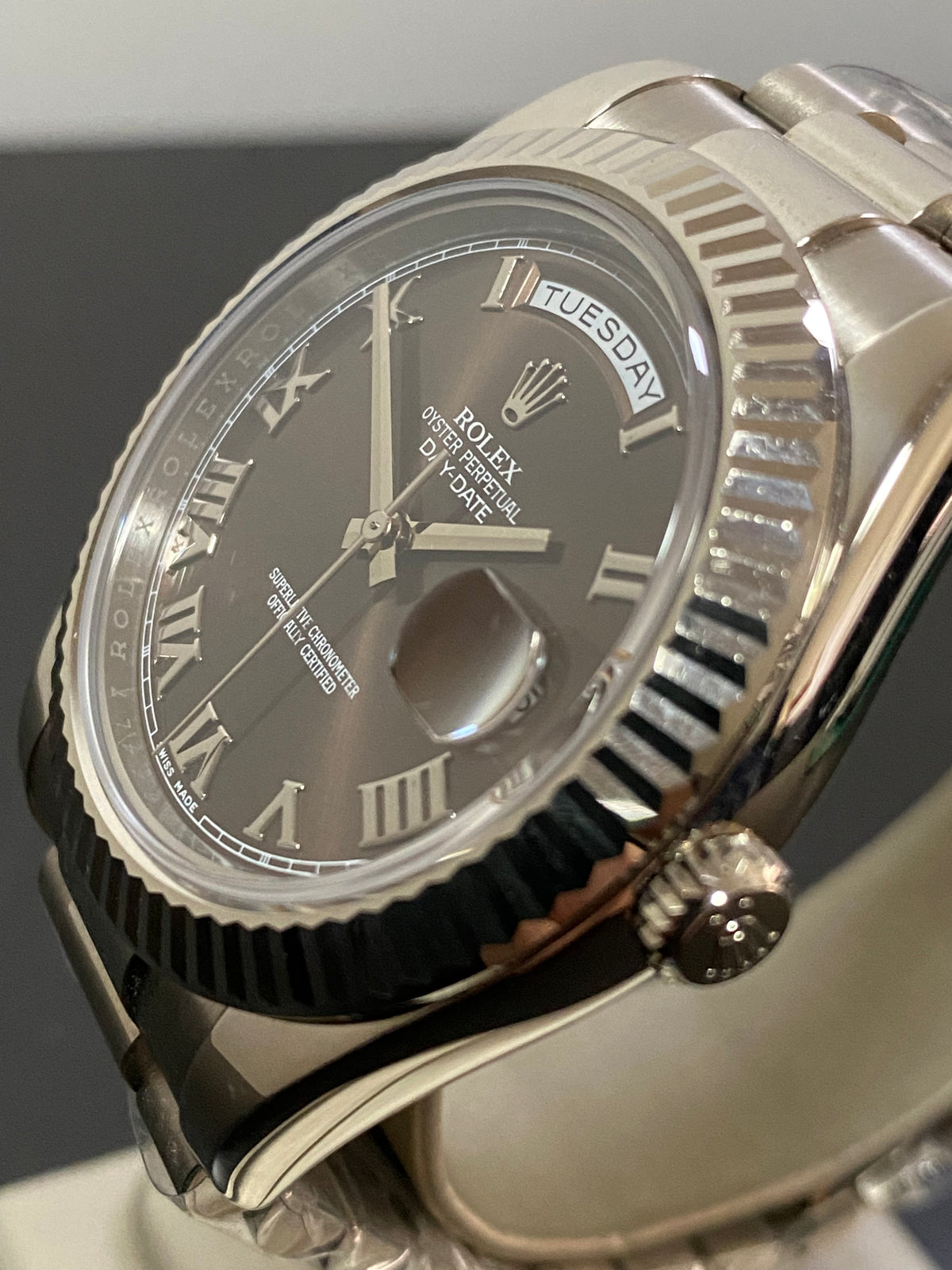 Rolex White Gold Day-Date II - 2018 - Fluted Bezel - Chocolate Roman Dial - President Bracelet - 218239