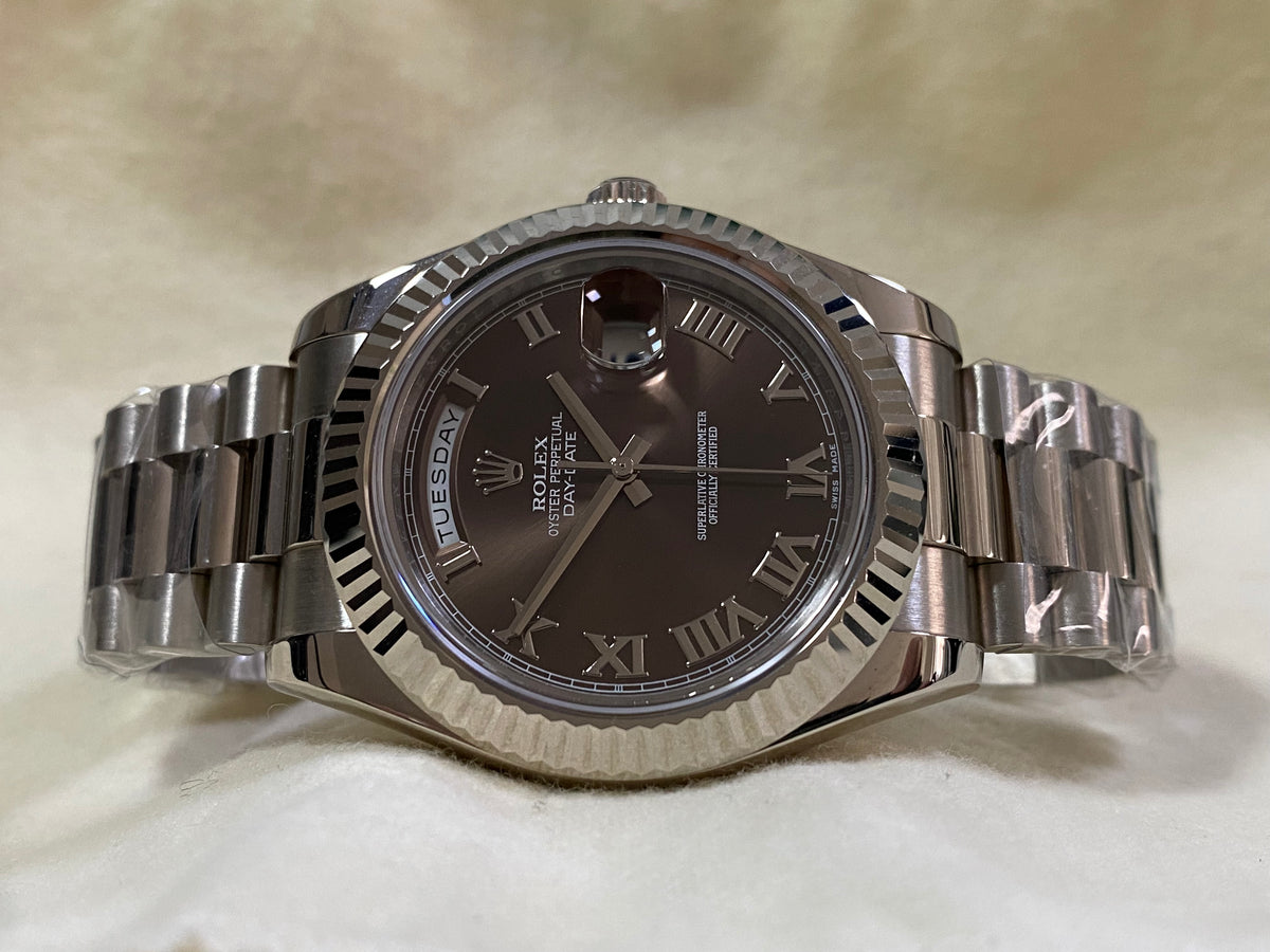 Rolex White Gold Day-Date II - 2018 - Fluted Bezel - Chocolate Roman Dial - President Bracelet - 218239